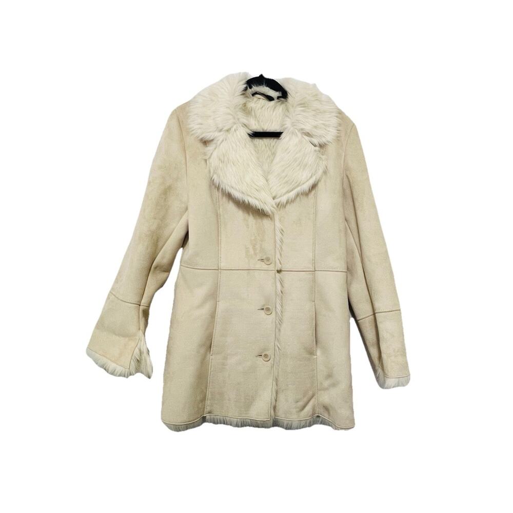 Mixit Cream Suede Leather Jacket with Faux Fur Collar